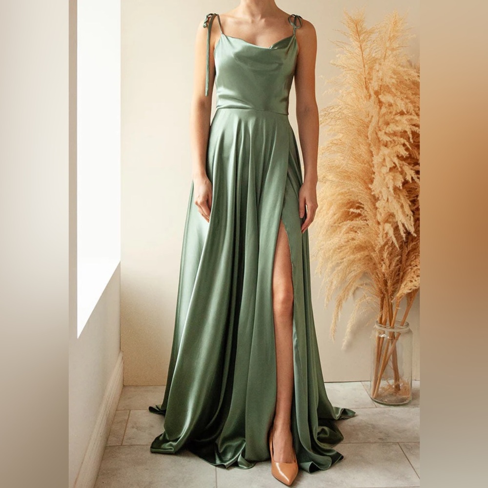 Moira Khaki | Cowl Neck Satin Maxi Dress with High Slit